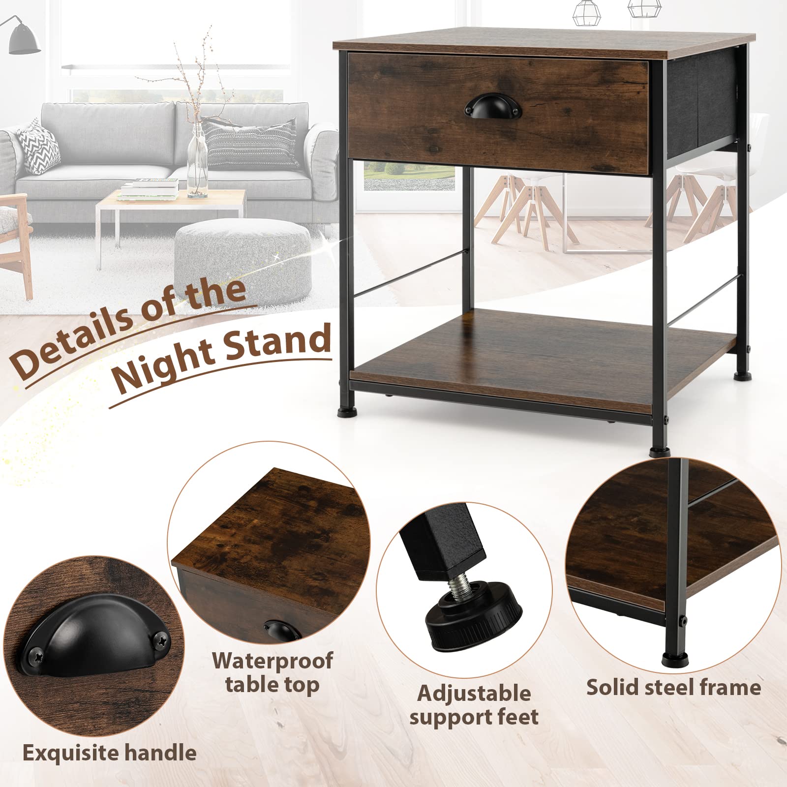 Giantex Nightstand with Drawers, Bedside Table w/Removable Fabric Bins & Pull Handle