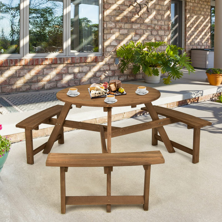 Giantex Wooden Picnic Table for 6 Person, Round Outdoor Table with 3 Benches, Umbrella Hole