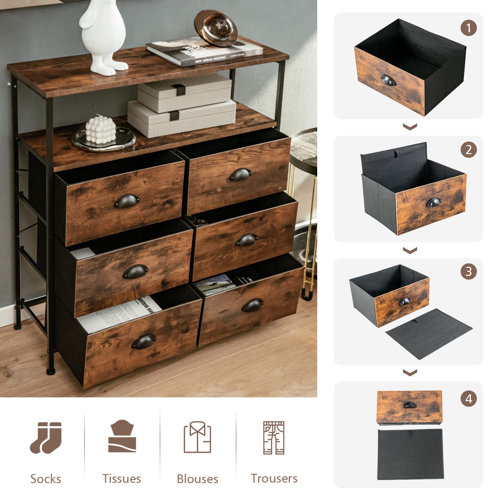 Giantex Fabric Dresser for Bedroom - Wide Storage Tower Chest of 6 Drawers