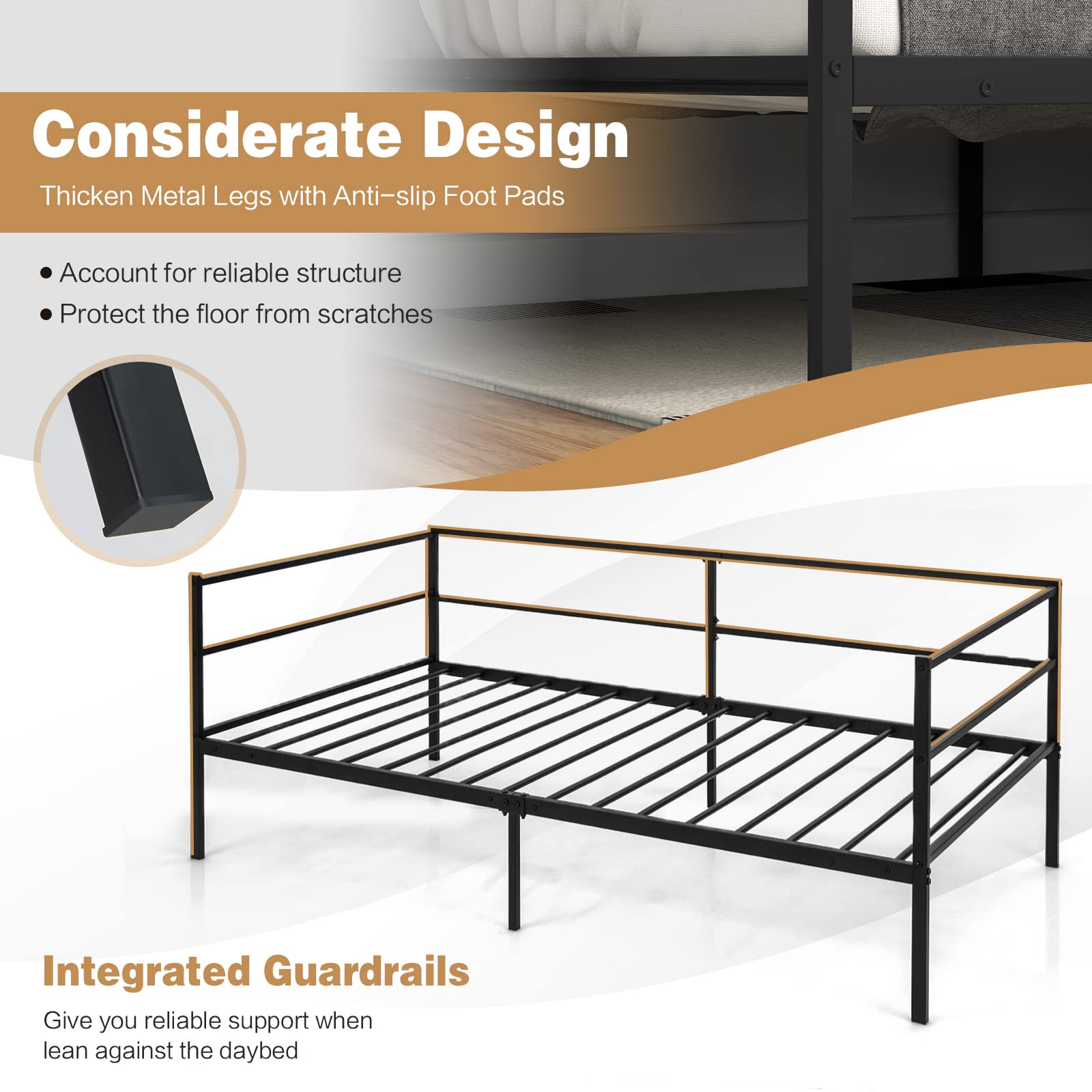 Giantex Twin Daybed Frame, Metal Sofa Bed w/Heavy-Duty 16 Slats Support, Black