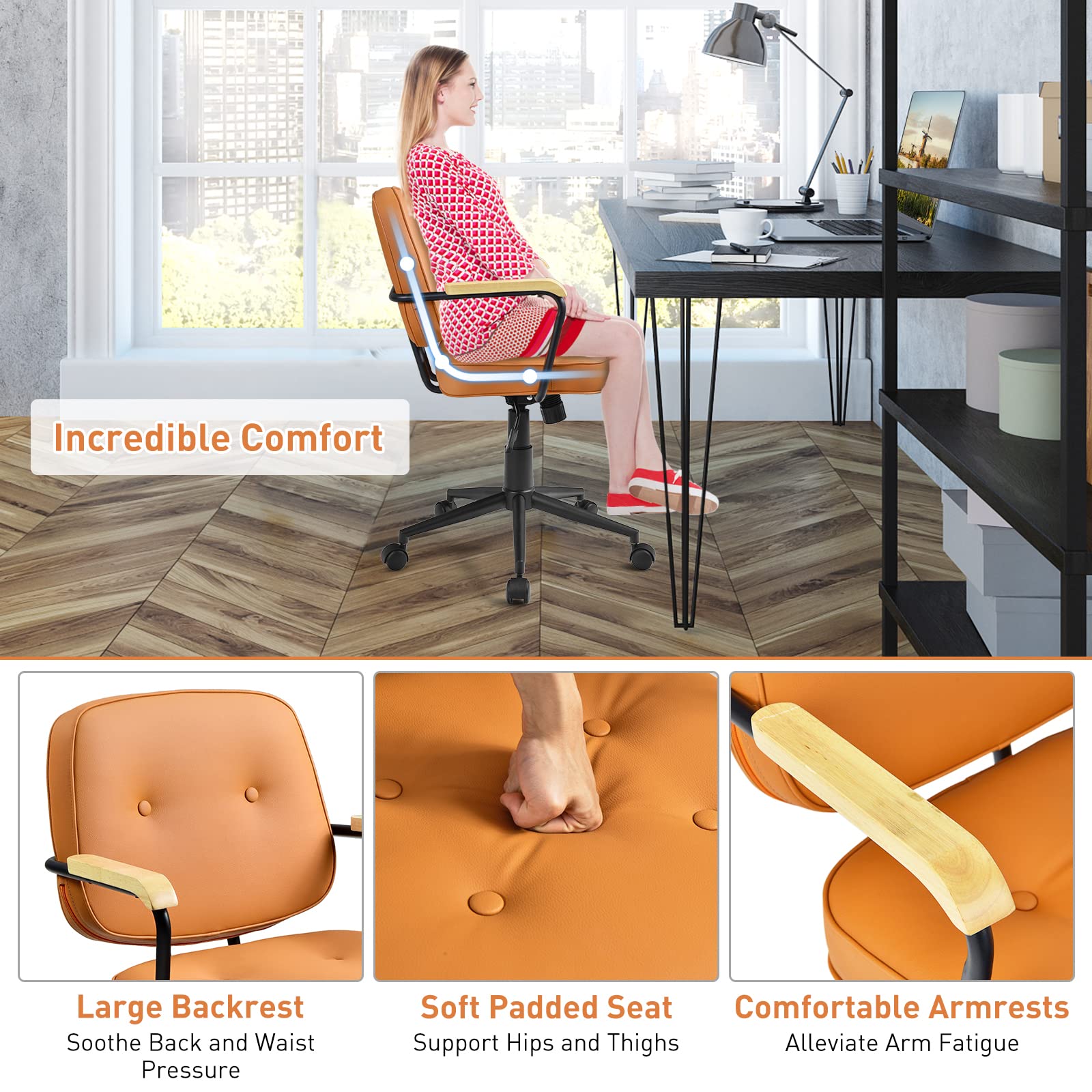 Giantex Home Office Chair, Height Adjustable PU Leather Desk Chair w/Rocking Backrest, Orange