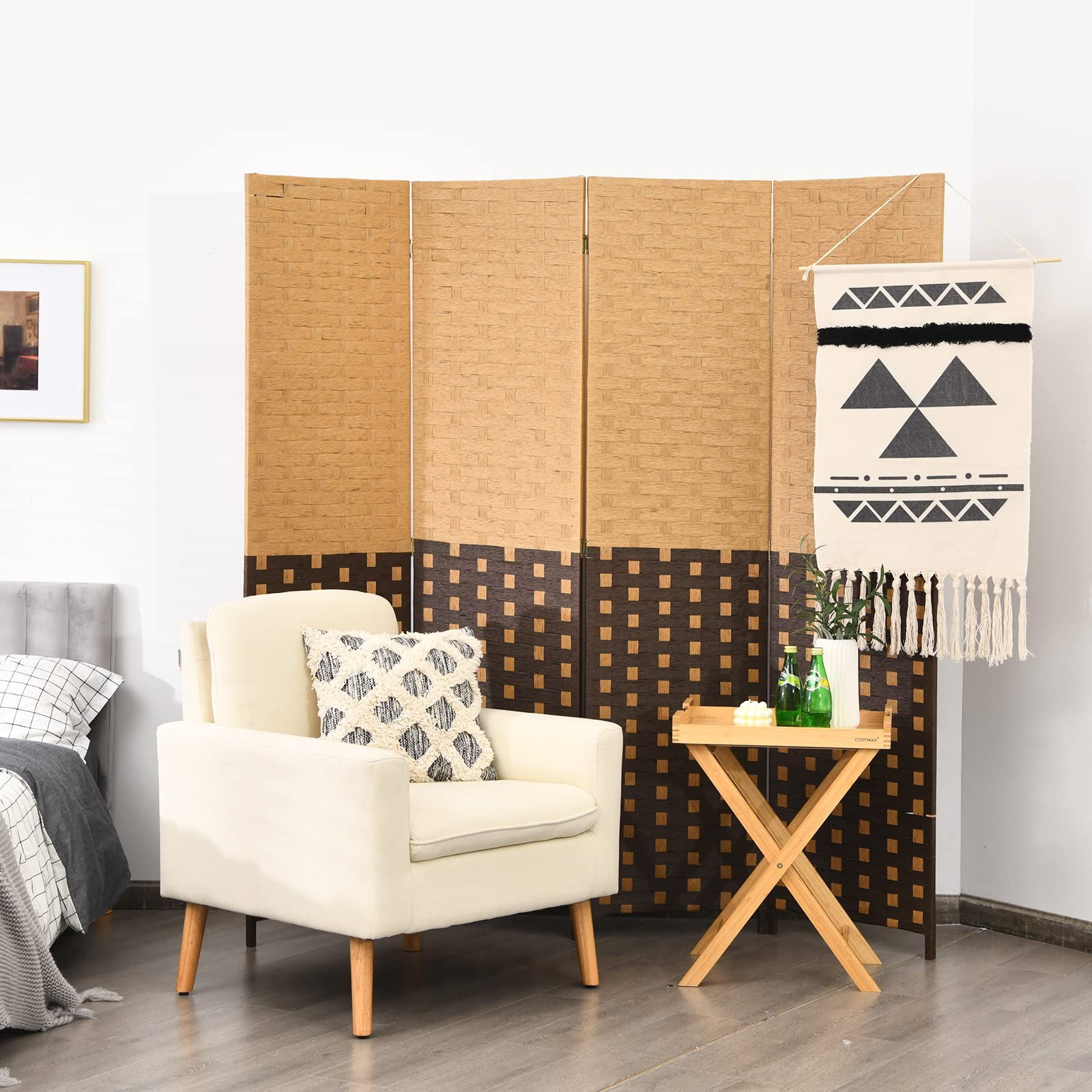 Giantex 4 Panel Room Divider, 6 Ft Tall Handmade Rattan Room Dividers, Portable Wood Room Separators Divider