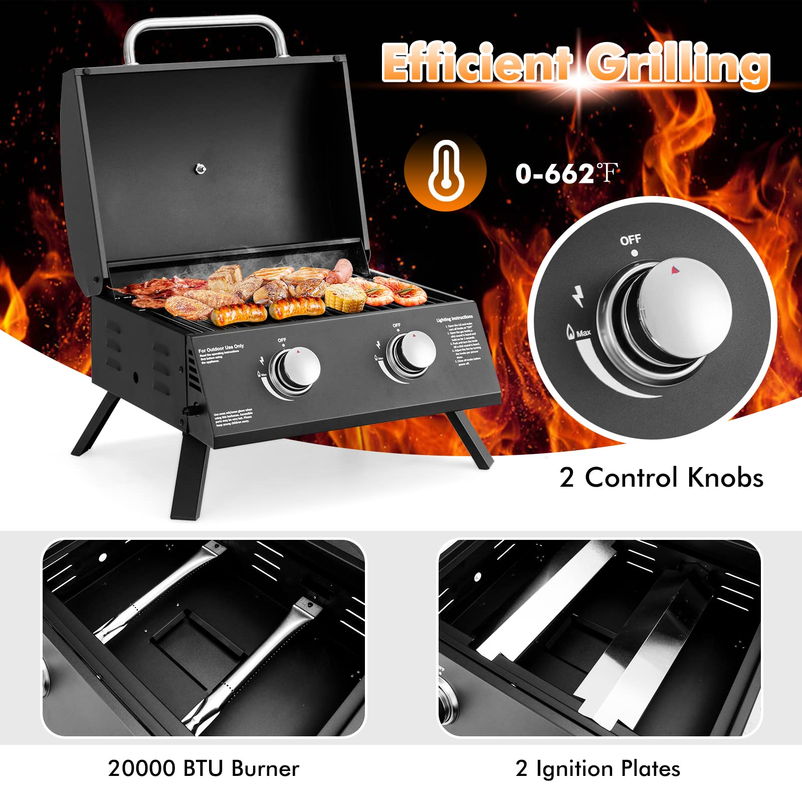 Giantex Portable Gas Grill, 2 Burners Max. 20,000 BTUs total