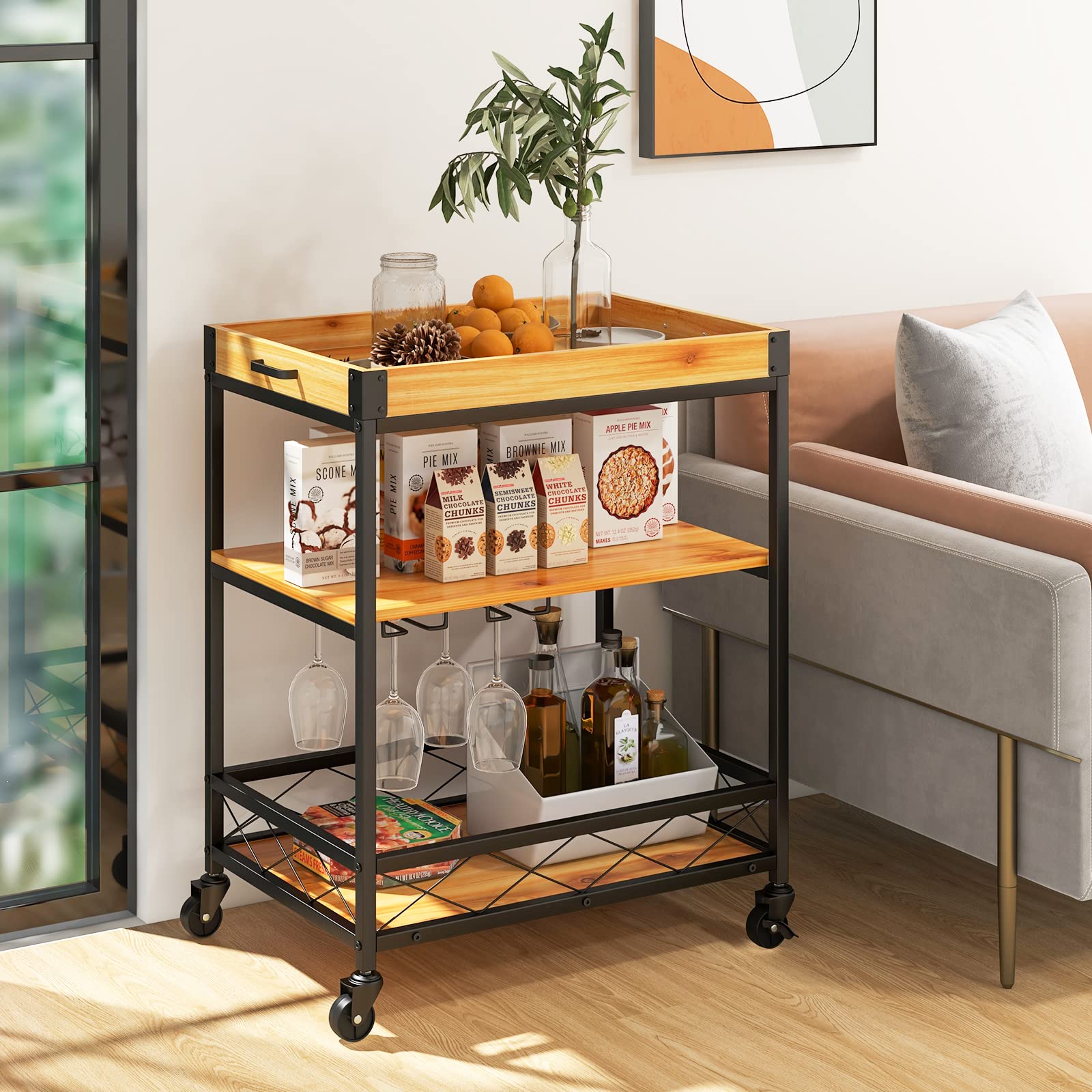 Giantex Bar Cart on Wheels, Mobile Serving Cart Cart 3-Tier w/Removable Tray, Glass Holder