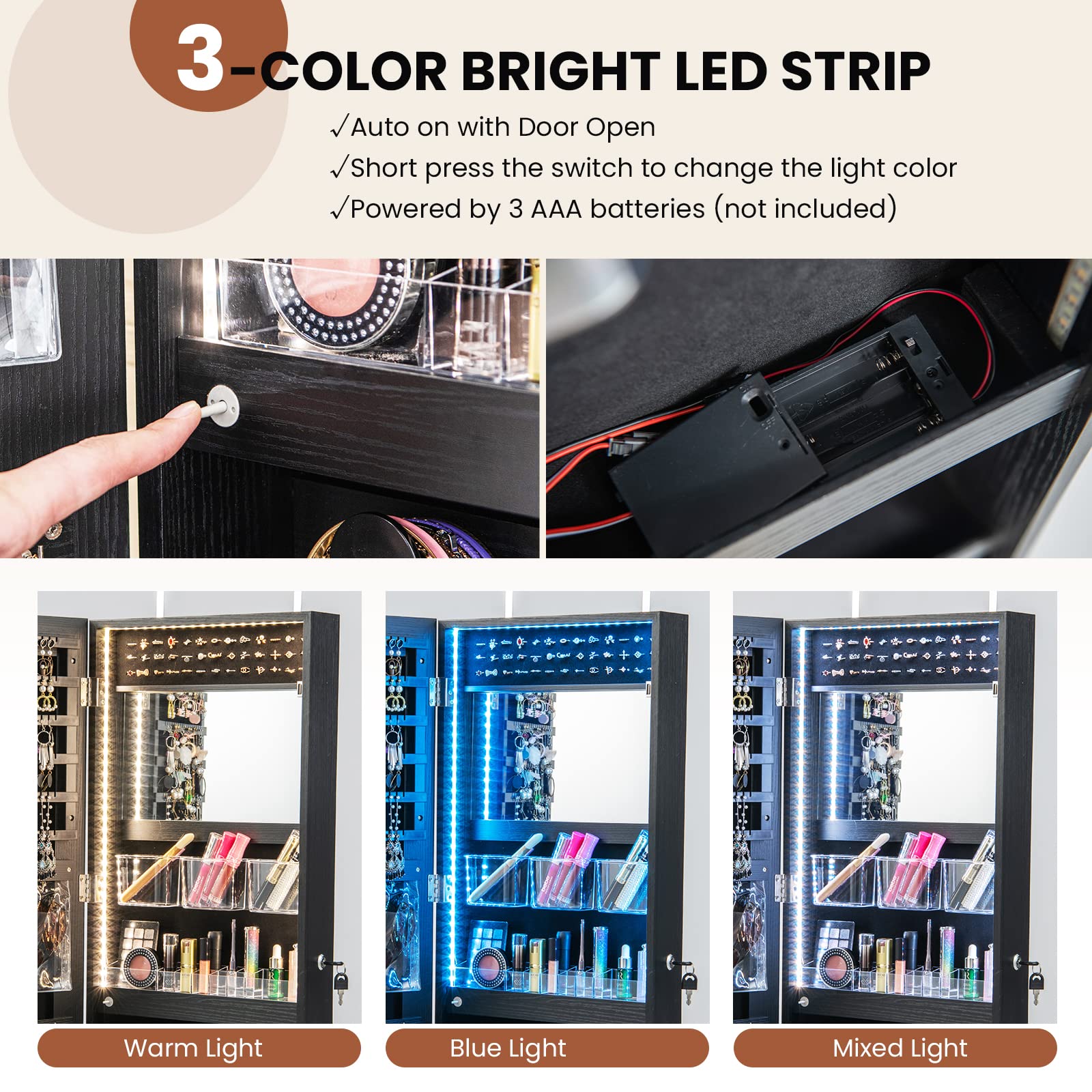 CHARMAID Jewelry Armoire Cabinet Wall Door Mounted, 3 Colors LED Light Strip, 47.2''H Full Length Mirror