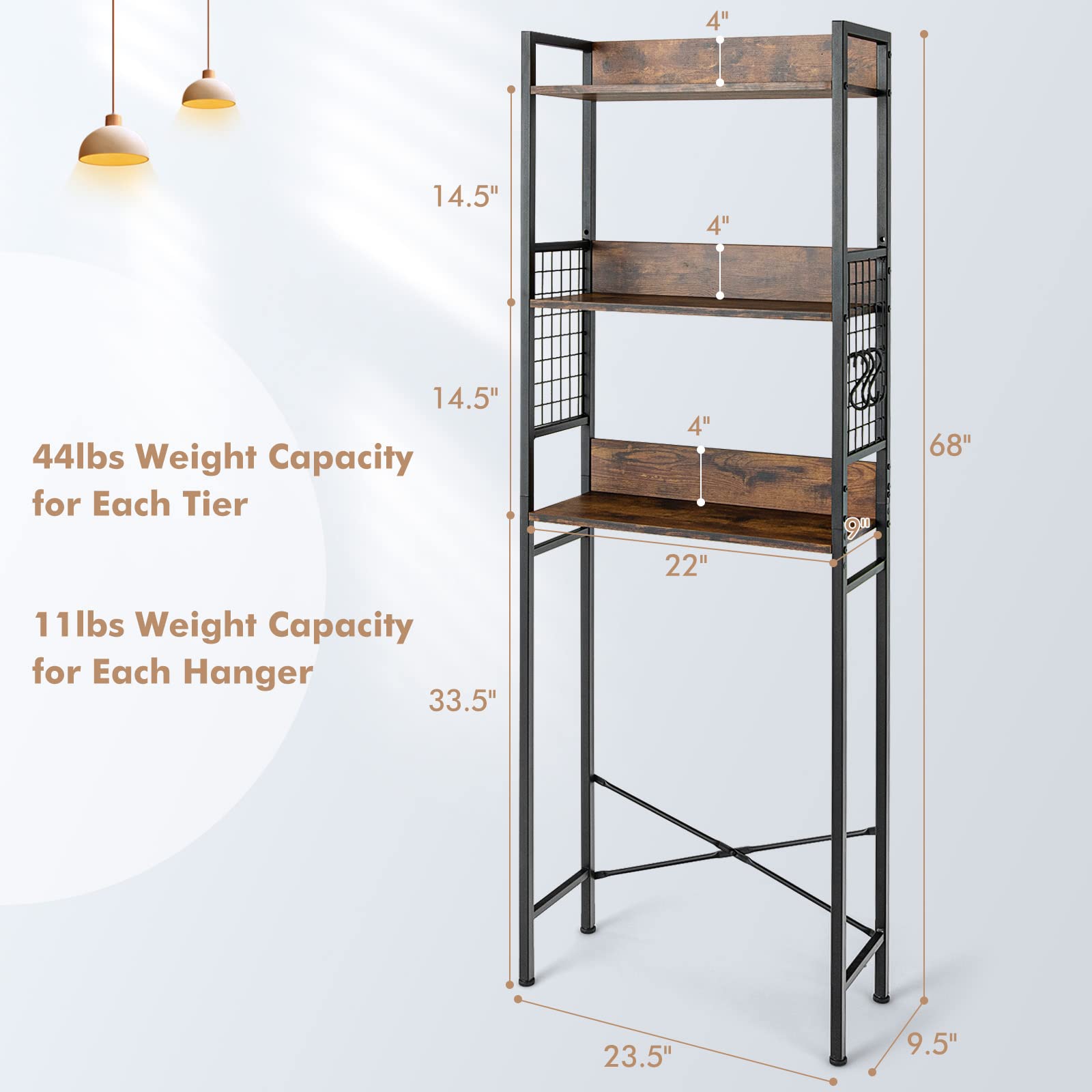 Giantex Over-The-Toilet Storage Shelf, 3-Tier Bathroom Space Saver with 3 Hooks (Rustic Brown)