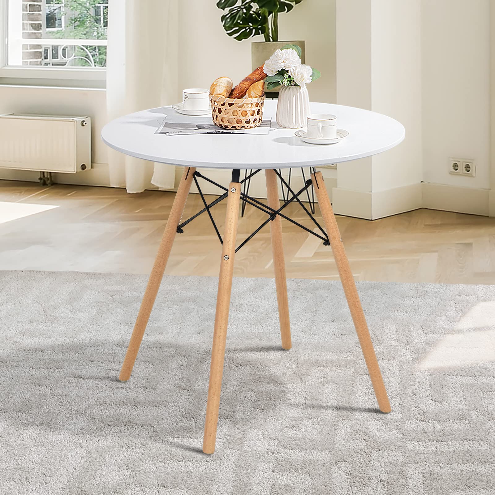 Giantex Dining Table, Round Dining Room Table with Solid Beech Wood Legs