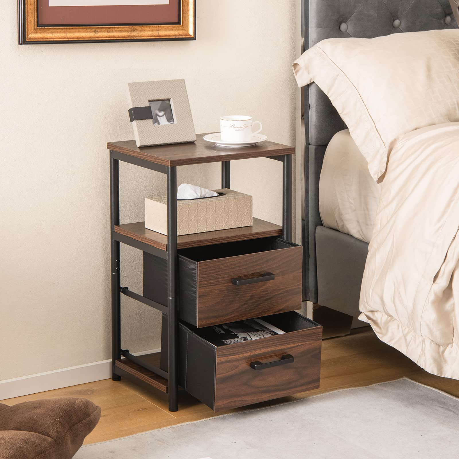 Giantex Nightstand, Bedside Table with 2 Fabric Drawers & Open Wood Shelf Storage