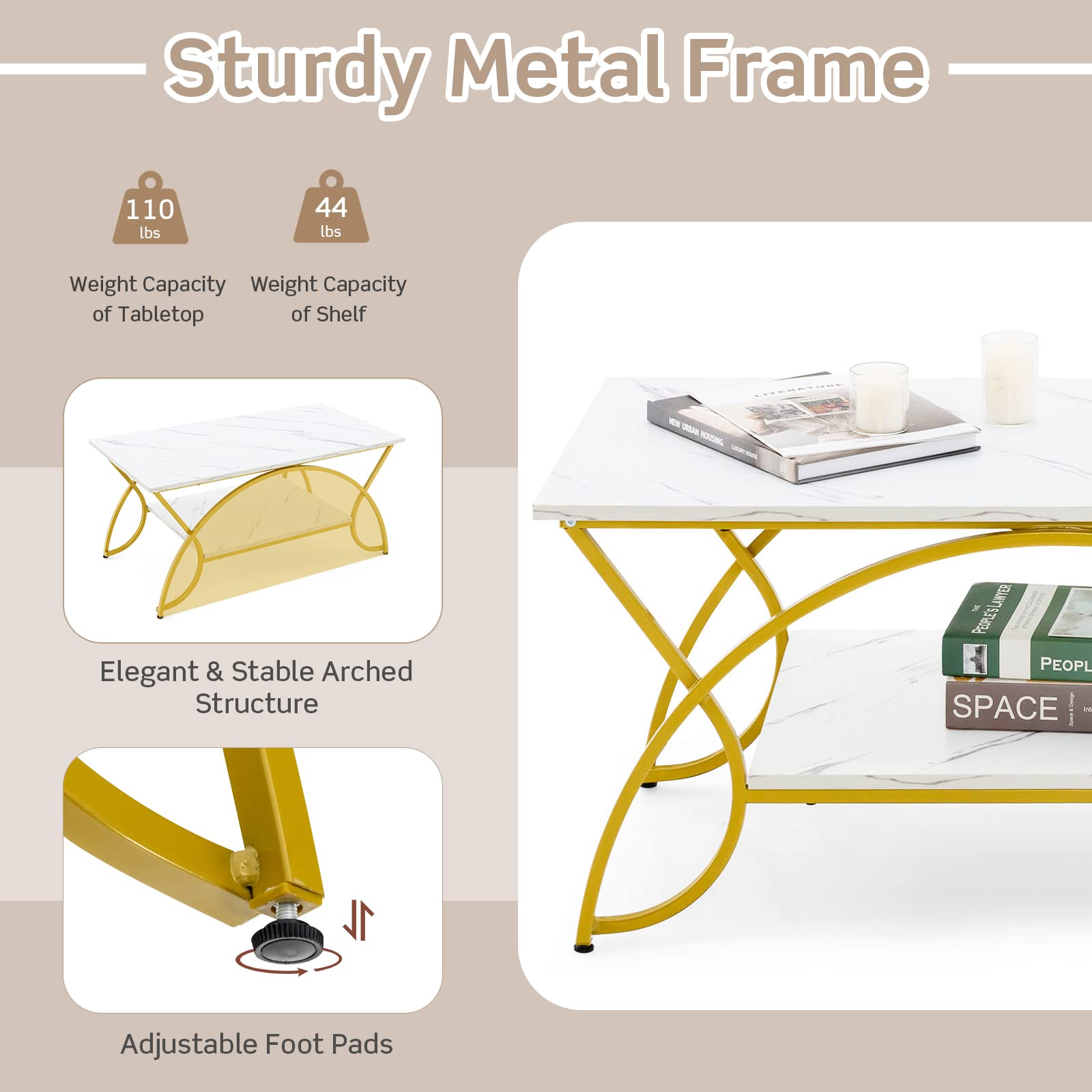 Giantex 2-Tier Rectangular Coffee Table, Modern Chic Cocktail Table with Open Storage Shelf, White/Gold