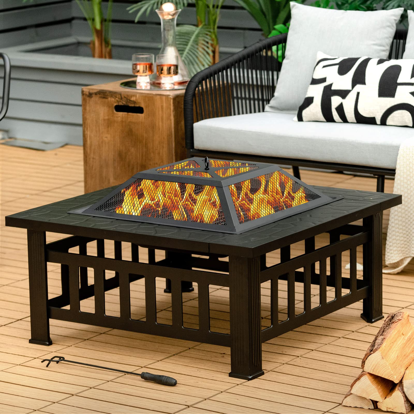 32" Outdoor Fire Pits, 3 in 1 Square Wood Burning Firepit