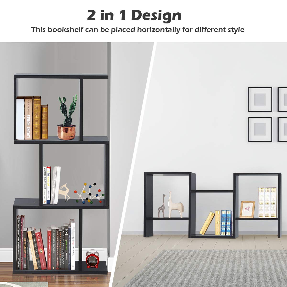 3-Tier Bookshelf S Shaped Bookcase, Free Standing Industrial Storage Rack