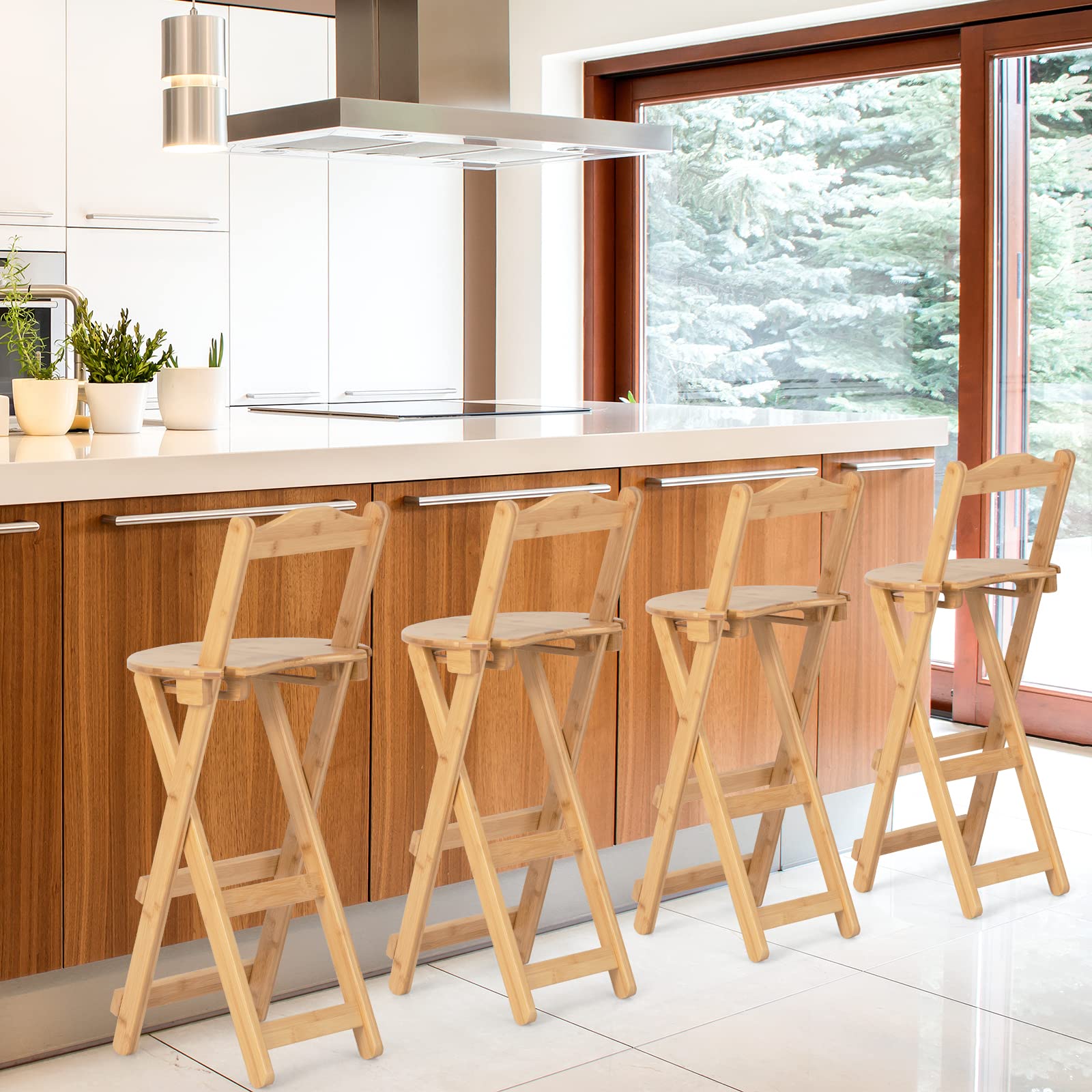 Folding Bamboo Bar Stools 24” Kitchen Counter Height Stool with Backrest & Footrest