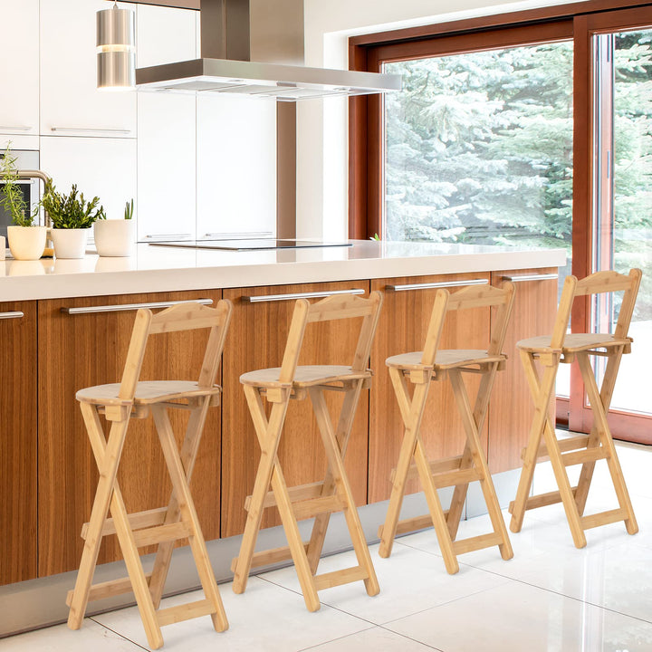 Folding Bamboo Bar Stools 24” Kitchen Counter Height Stool with Backrest & Footrest