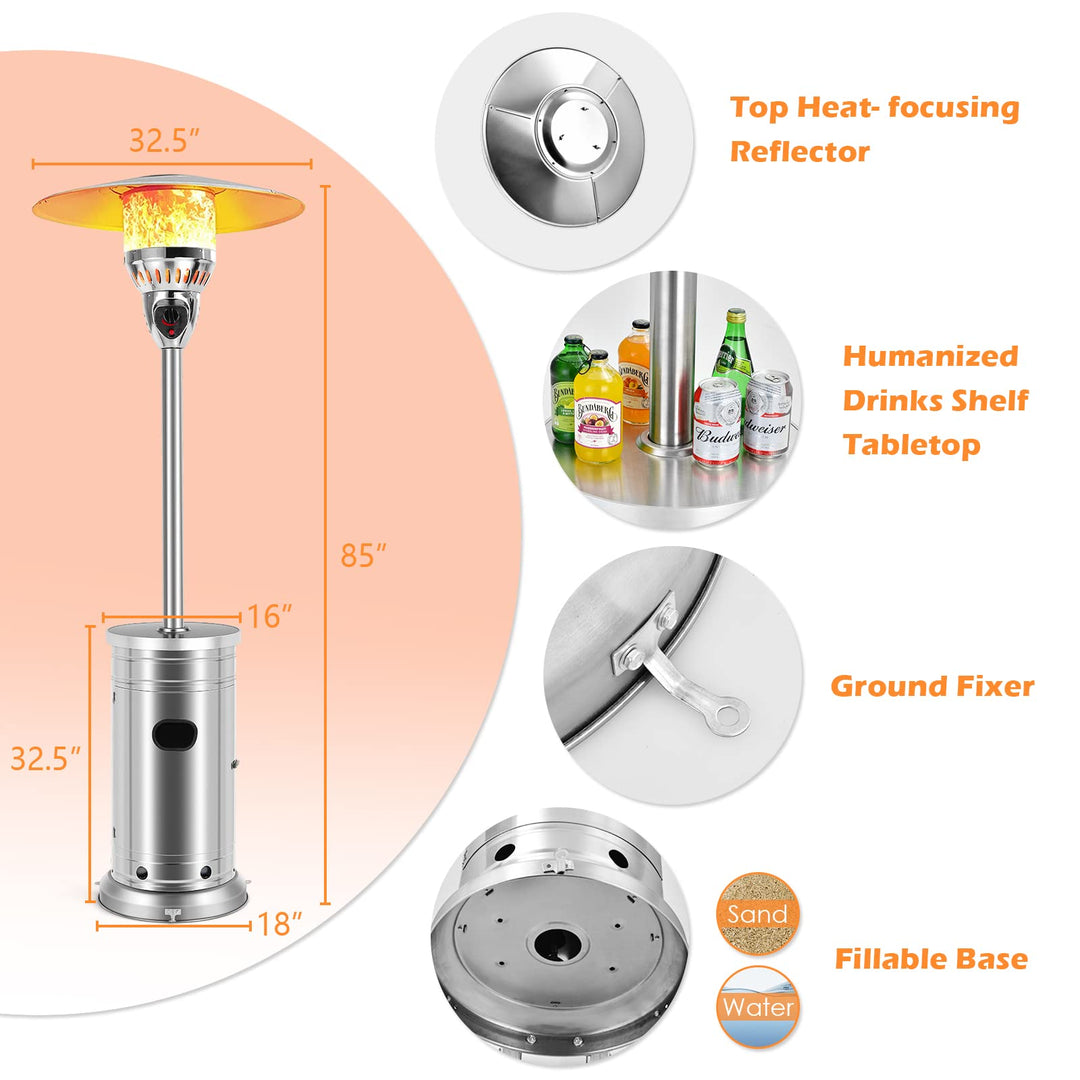 48000 BTU Outdoor Propane Heater, Stainless Steel Patio Heater with Drink Shelf Table