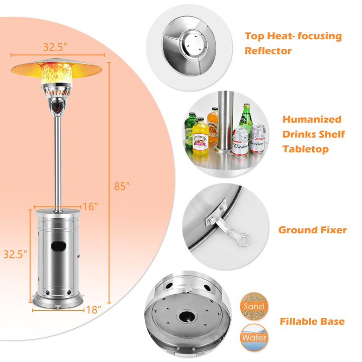 48000 BTU Outdoor Propane Heater, Stainless Steel Patio Heater with Drink Shelf Table