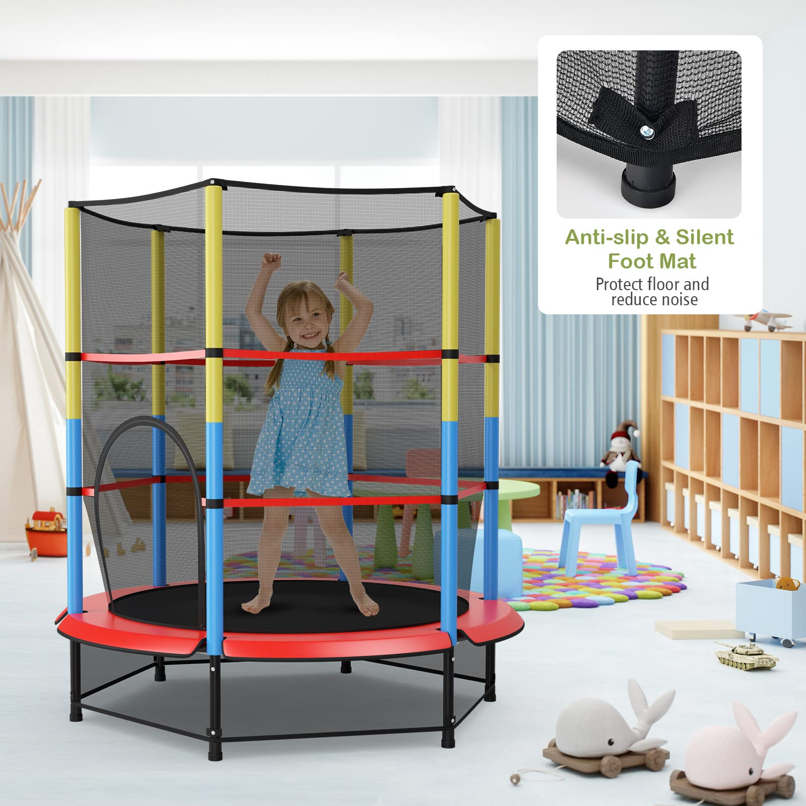 55" Kids Trampoline  with Safety Enclosure Net & Spring Pad