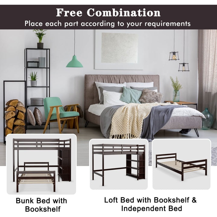 Giantex Twin Over Twin Loft Bed w/ Bookcase, Bunk Bed w/ 12.5" Full-Length Guardrail & Ladder