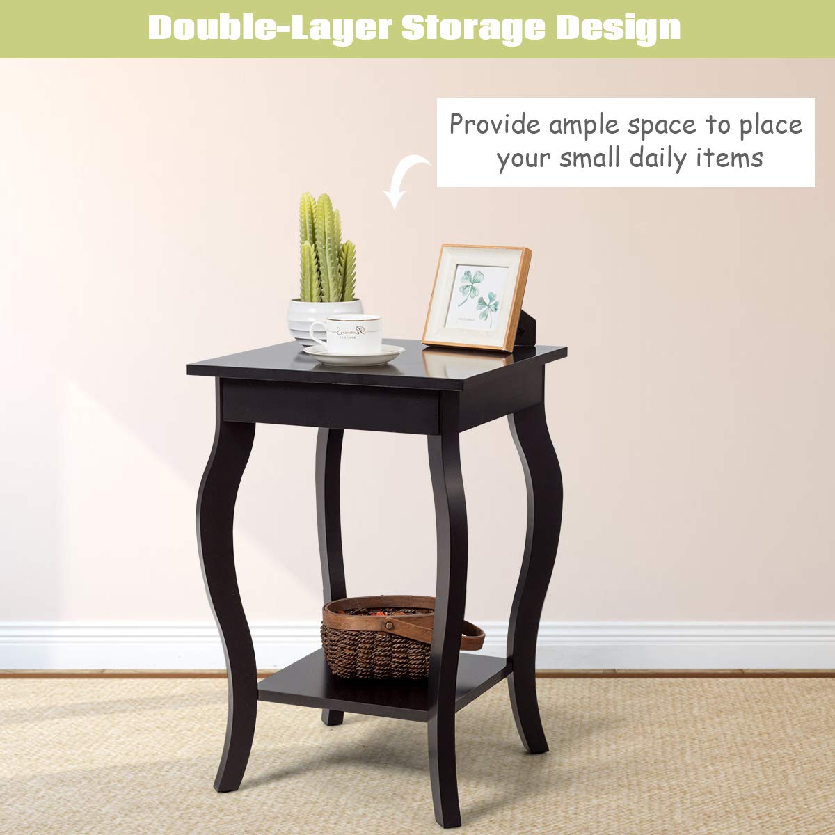 16" End Table W/Storage & Shelf Curved Legs Home Furniture for Living Room