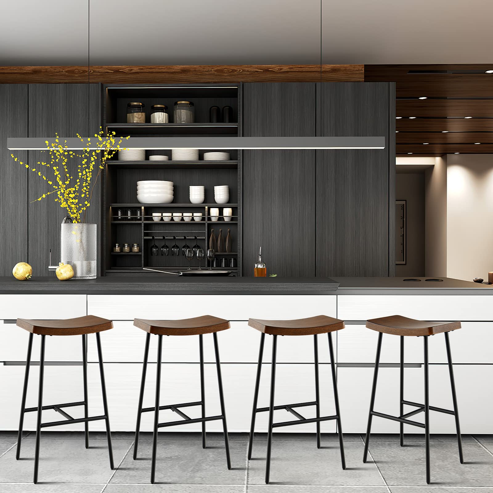 Industrial Saddle Stool with Footrest, Metal Legs, Adjustable Foot Pads, Backless Counter Height Chair for Living Room Kitchen Bar