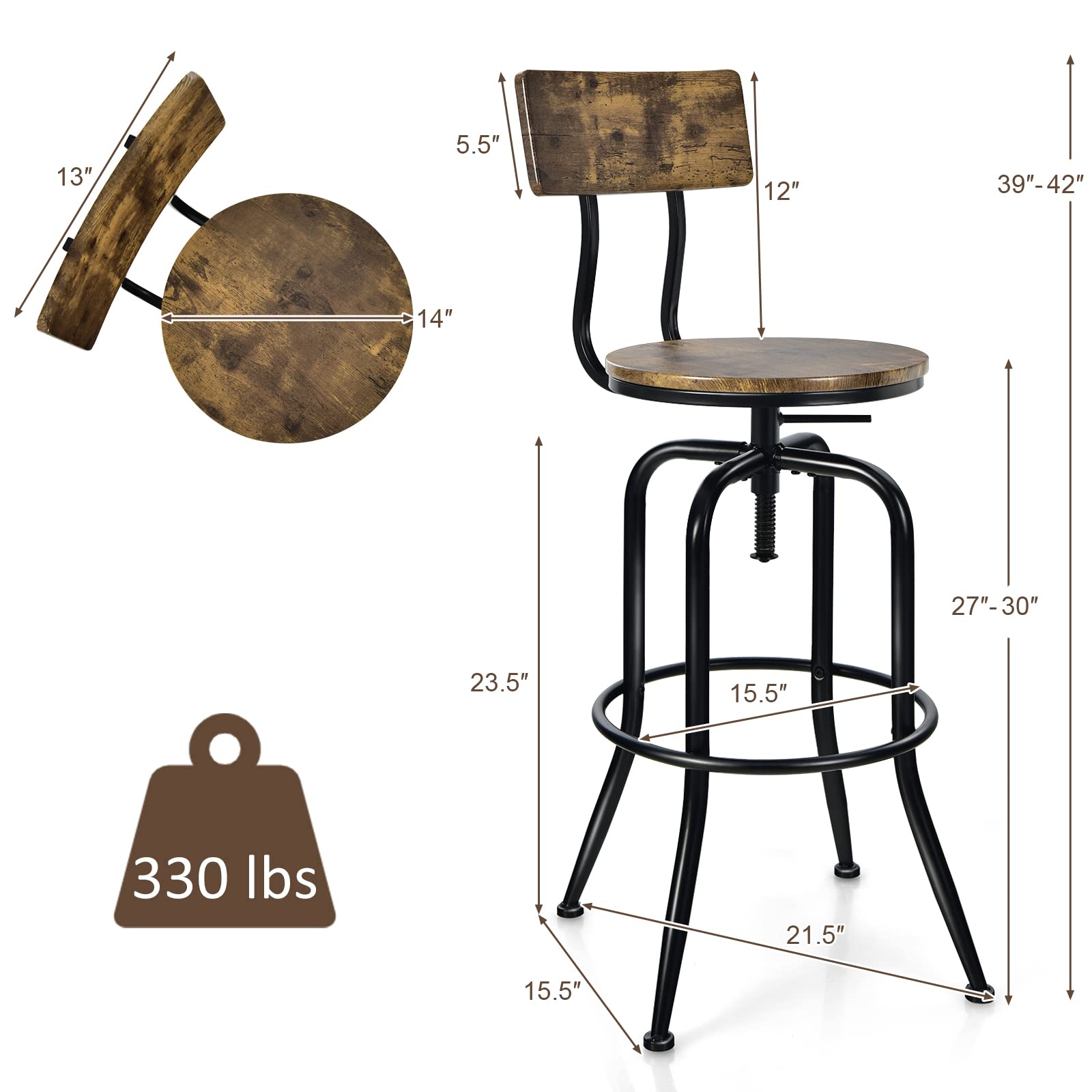 Industrial Bar Stool, Vintage Adjustable Swivel Counter Height Kitchen Dining Chair with Arc-Shaped Backrest