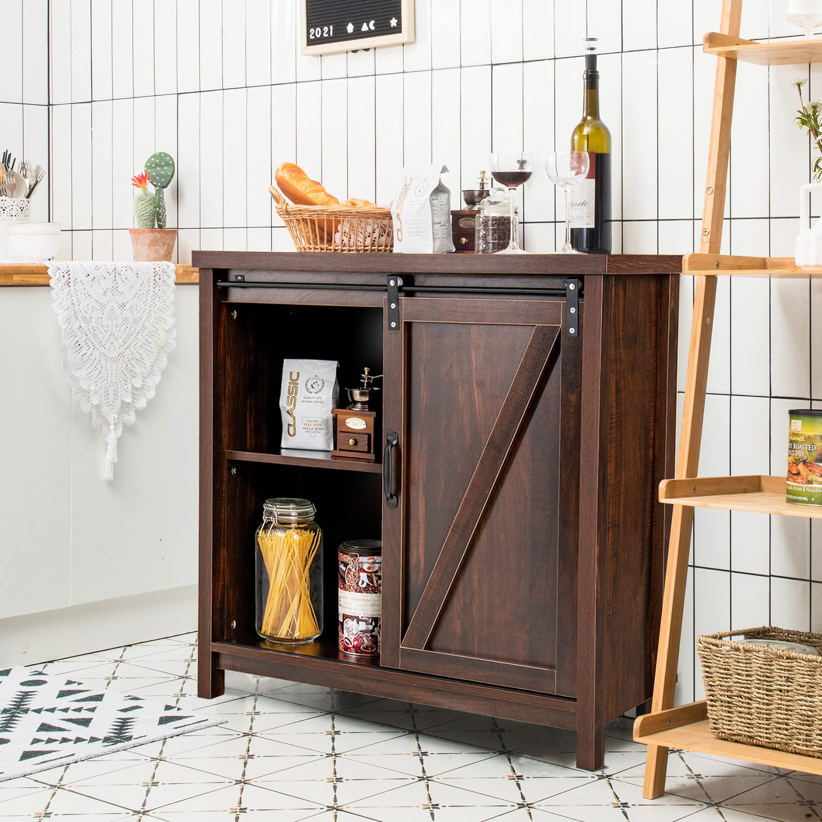 Kitchen Storage Cabinet with Sliding Barn Door (Rustic Brown)