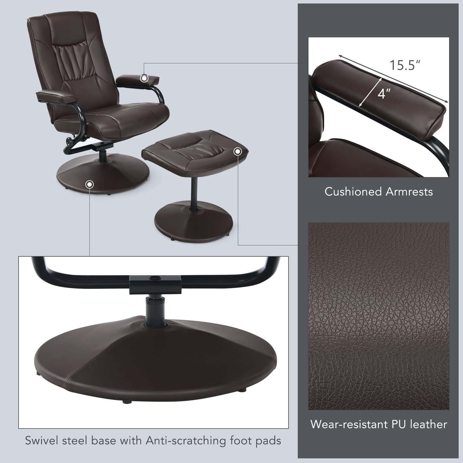 Giantex Recliner Chair with Ottoman, 360 Degree Swivel Leather Reclining Chair with Stable Steel Base