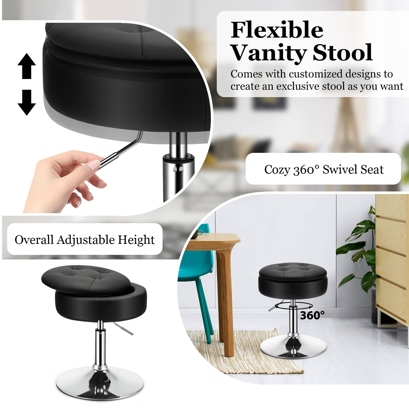 Giantex Adjustable Swivel Vanity Stool - 360° Swivel 20’’-26’’ Height Adjustable Tufted Round Storage Ottoman
