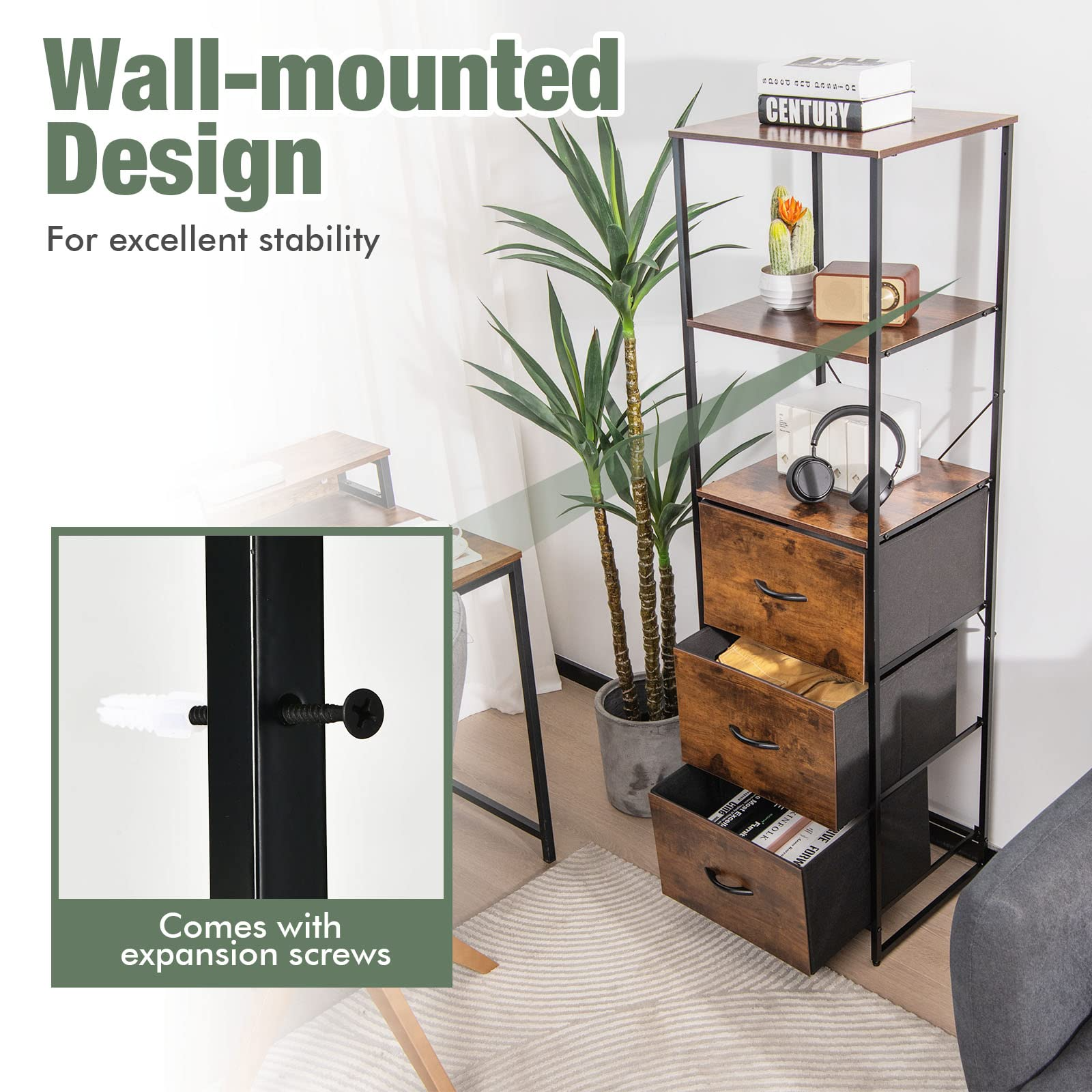 6 Tier Storage Cabinet, 61.5" Tall Storage Rack Storage Bookshelf w/Folding Drawers