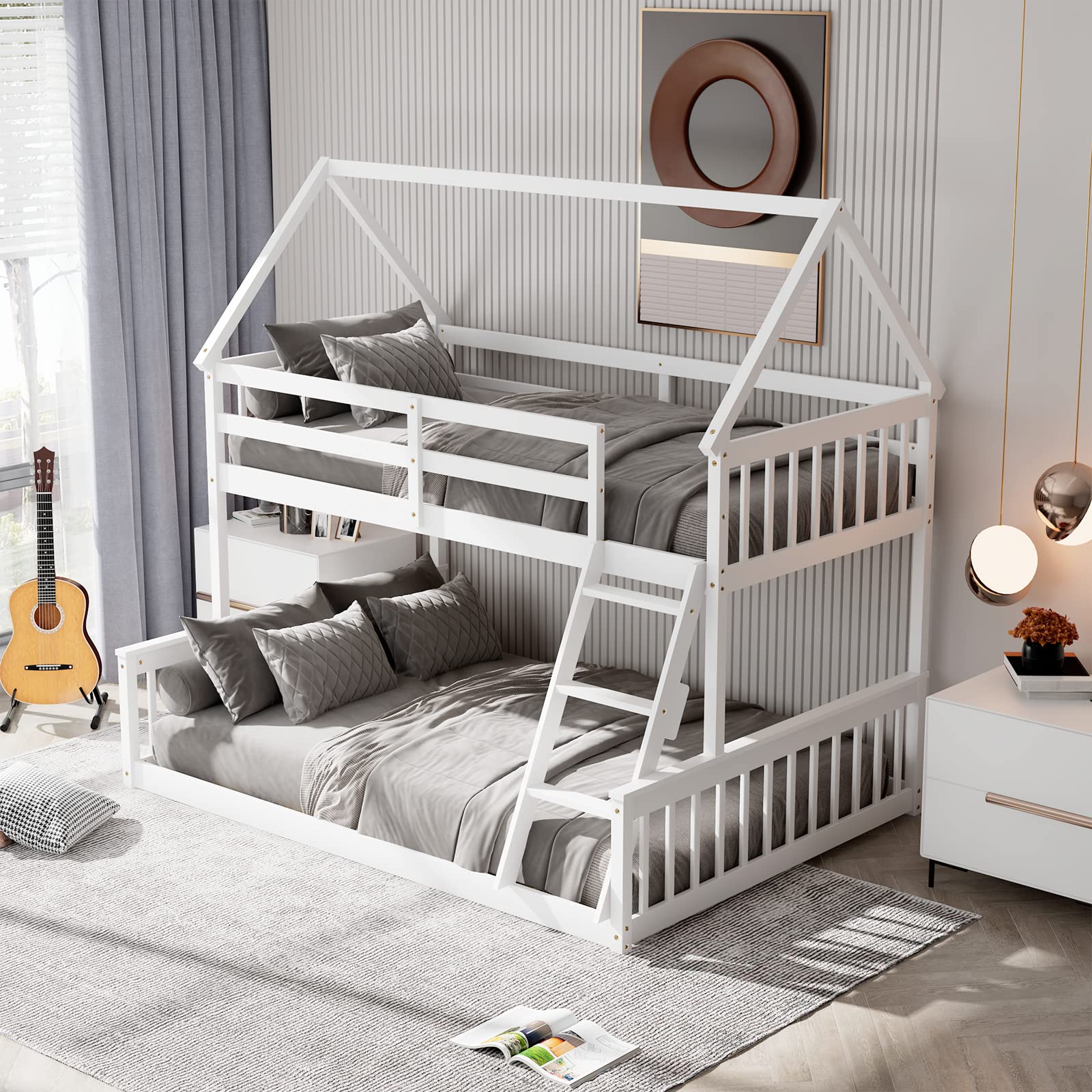 Giantex Twin Over Full House Bunk Bed, Floor Low Bunk Bed Frame w/Integrated Ladder & Safety Guardrails