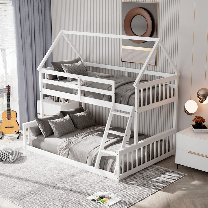 Giantex Twin Over Full House Bunk Bed, Floor Low Bunk Bed Frame w/Integrated Ladder & Safety Guardrails
