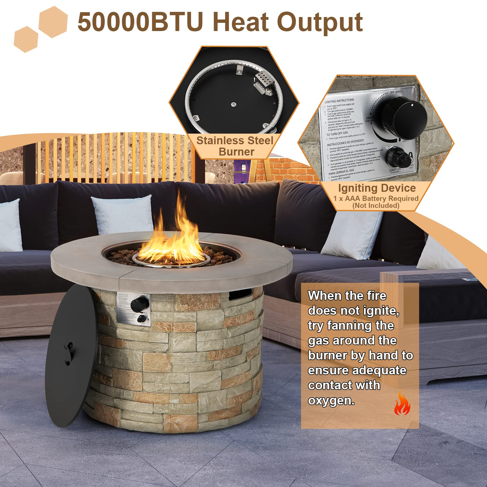 Propane Gas Fire Pit Table - 2-in-1 Outdoor 36" Round Fire Table W/ Volcanic Rock & PVC Cover
