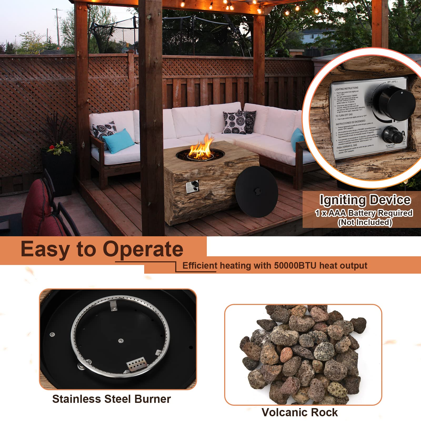 40" Propane Gas Fire Pit Table - 2-in-1 Outdoor Rectangle Fire Table with Volcanic Rock & PVC Cover