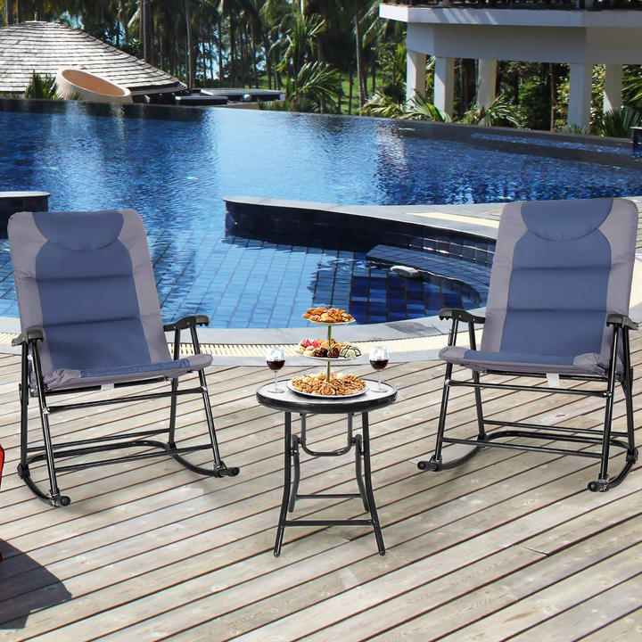 Giantex 3 PCS Folding Bistro Set Outdoor Patio Rocking Chairs Round Table Set 2 Rocking Chairs