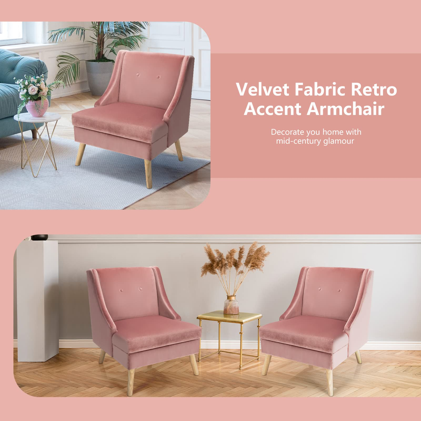 Giantex Pink Accent Chair, Comfy Velvet Swoop Chair w/Rubber Wood Legs, Padded Seat
