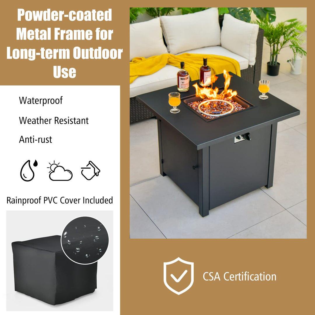 Giantex 32" Patio Propane Fire Table - 50,000 BTU Square Metal Fire Table with Lid, PVC Cover, Glass Stones