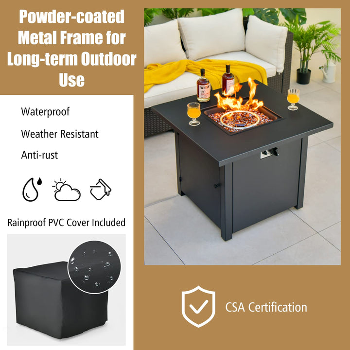 Giantex 32" Patio Propane Fire Table - 50,000 BTU Square Metal Fire Table with Lid, PVC Cover, Glass Stones