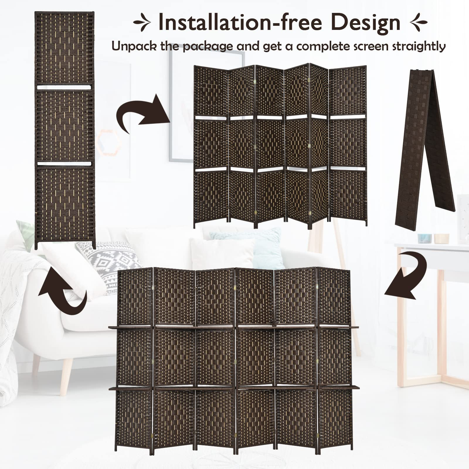 Giantex 6 Panel Room Divider Screen, 6Ft Hand-Woven Rattan Wood Room Divider w/ Shelves