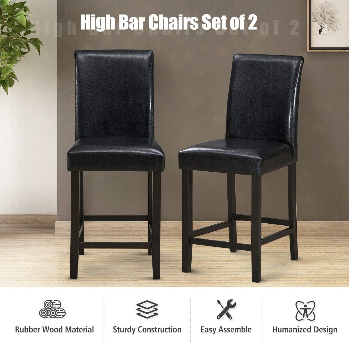 Giantex 25 inch Wooden Vintage Bar Chairs, Counter Stools w/ Upholstered Foam Cushion & Solid Rubber Wood Legs