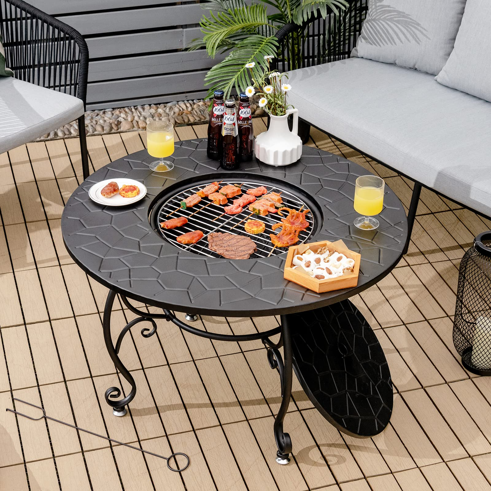 Fire Pit Table 4-in-1 Outdoor Dining Table, 36 Inch Multifunctional Metal Round Patio Table
