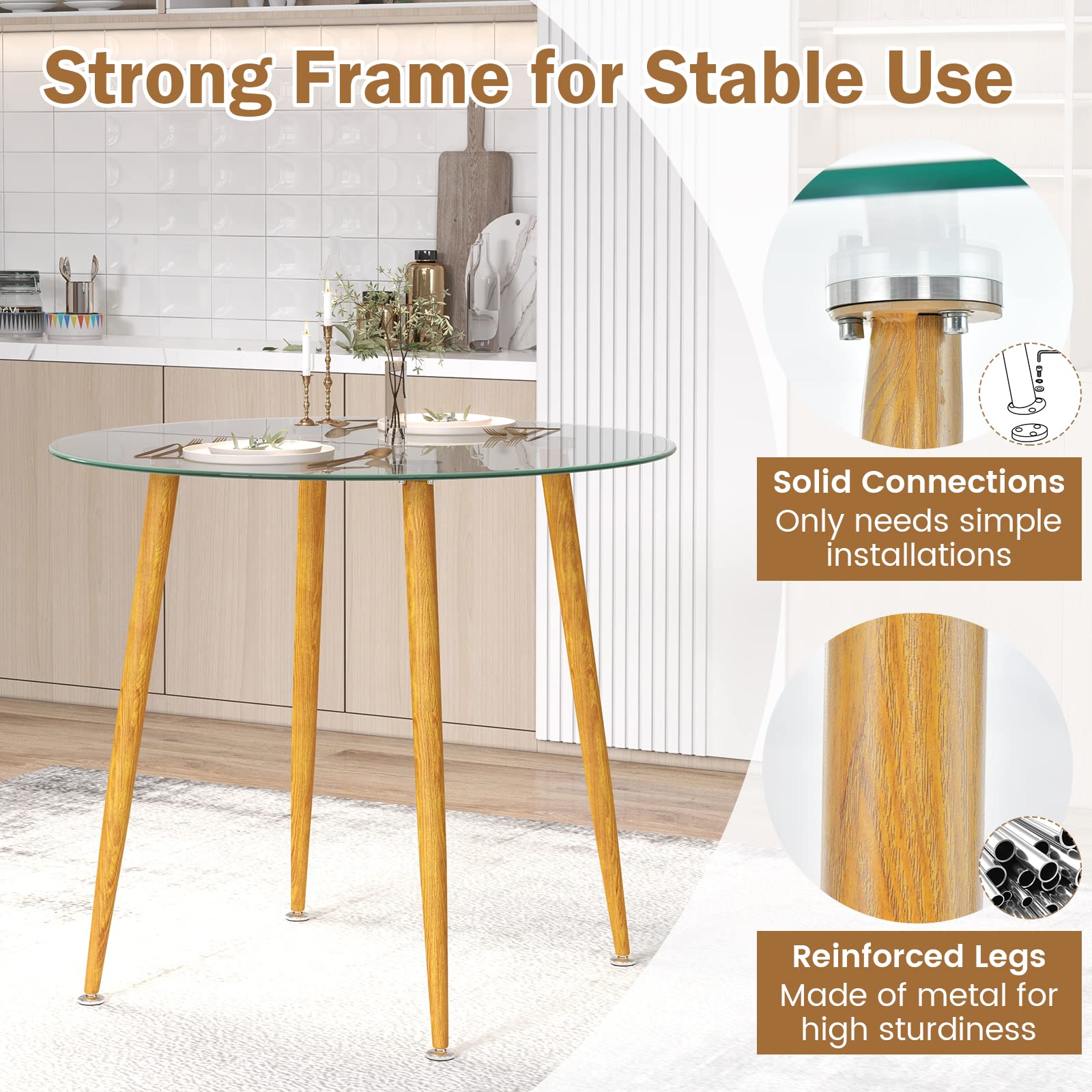 Giantex Round Glass Dining Table, Kitchen Dinner Table with Tempered Glass Tabletop & Metal Legs