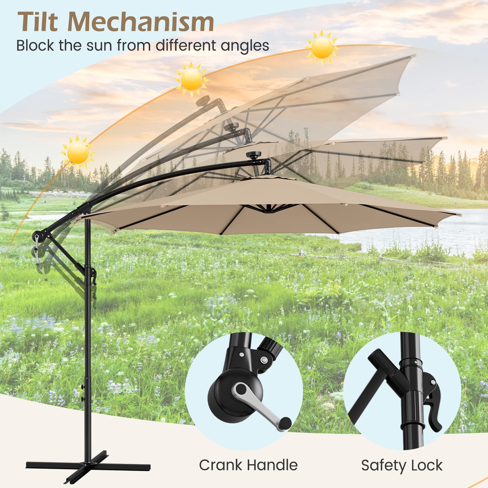Giantex 10 ft Offset Patio Umbrella with 112 Solar Lights, Outdoor Cantilever Umbrellas with 8 Ribs