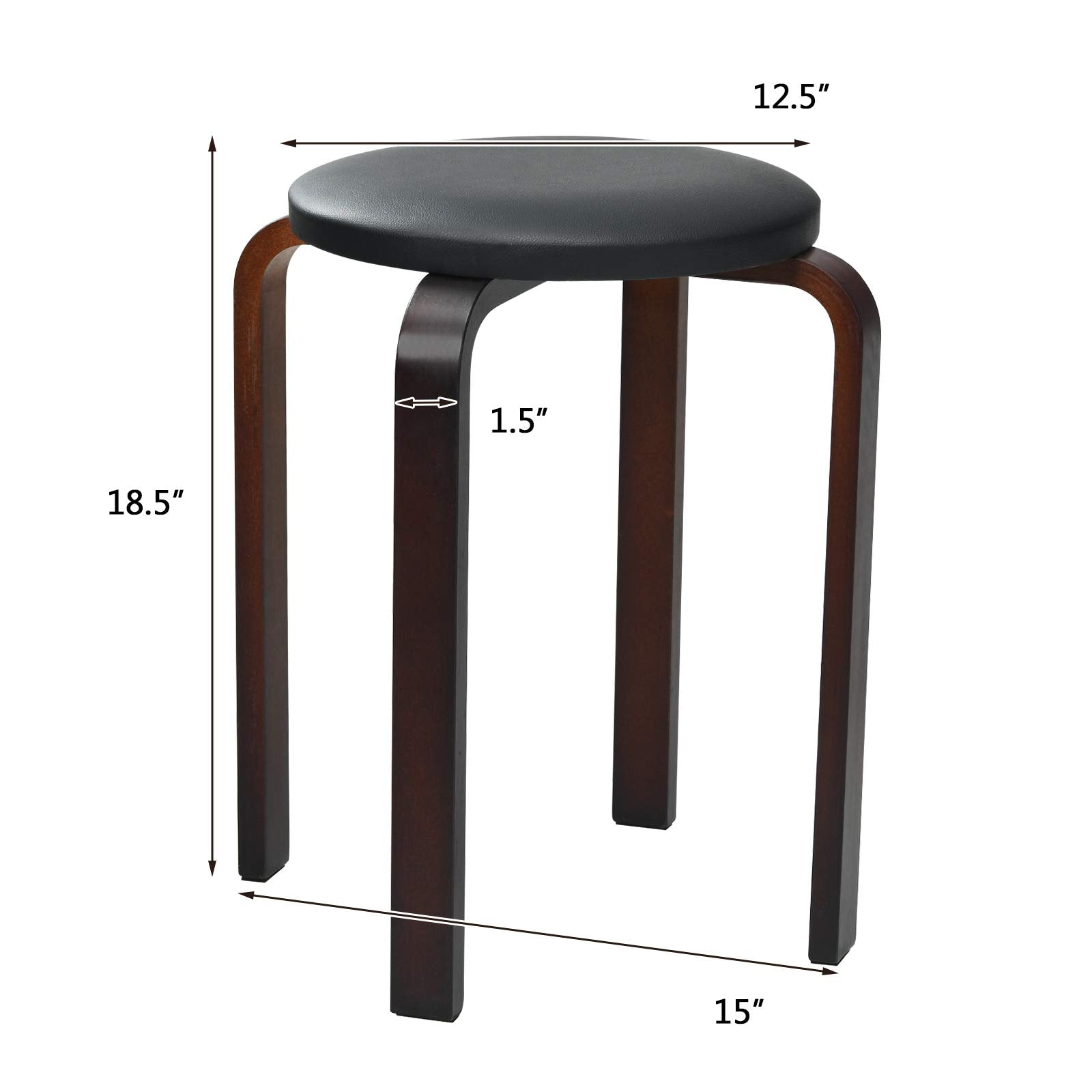 4-Pack Bentwood Stack Stools, 18.5-Inch Portable Stools with PU Leather Round Top, Non-Slip Foot Mats