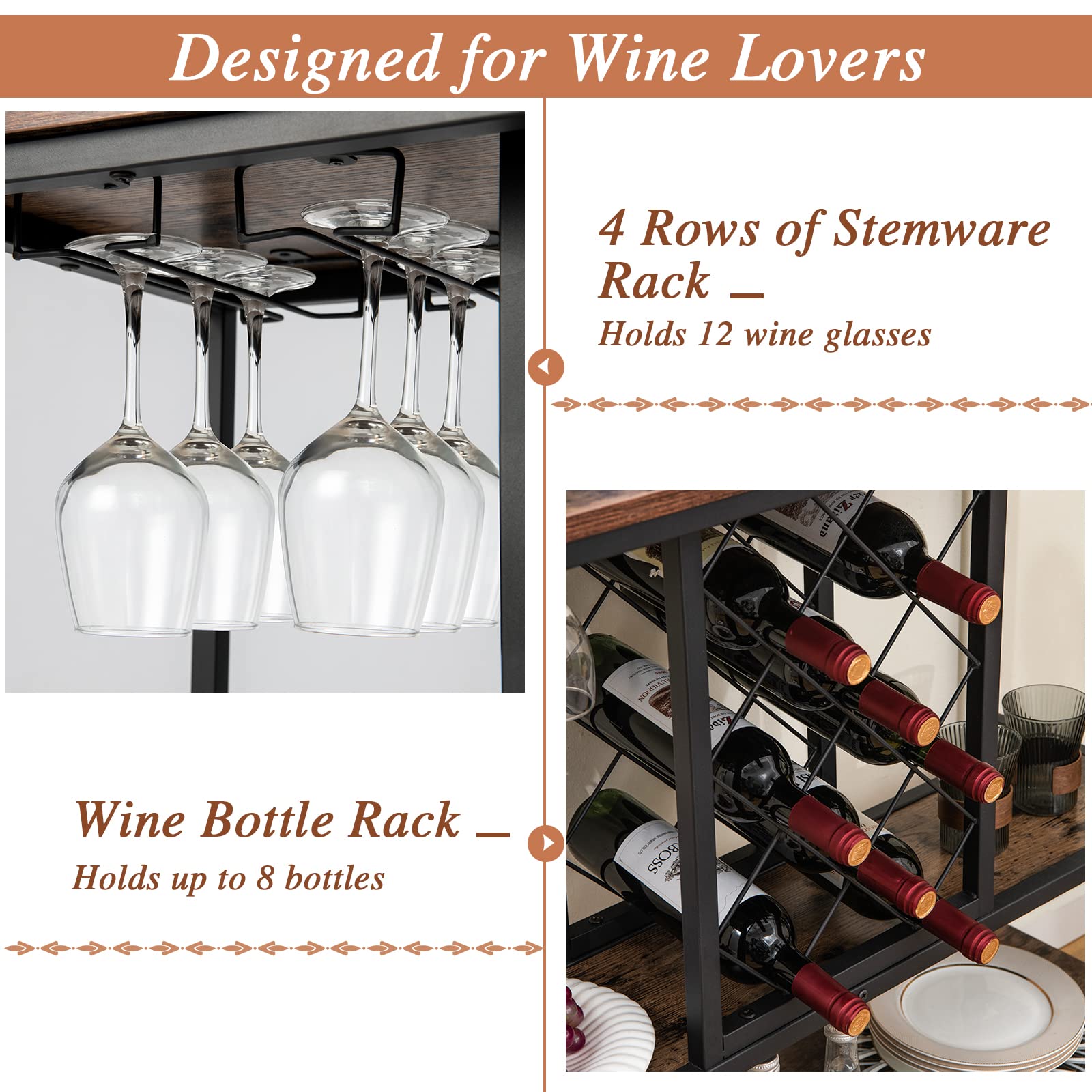Giantex 3-Tier Wine Bar Cabinet - on Wheels, 8 Bottles Rack & 12 Glasses Hanger (Rustic Brown & Black)