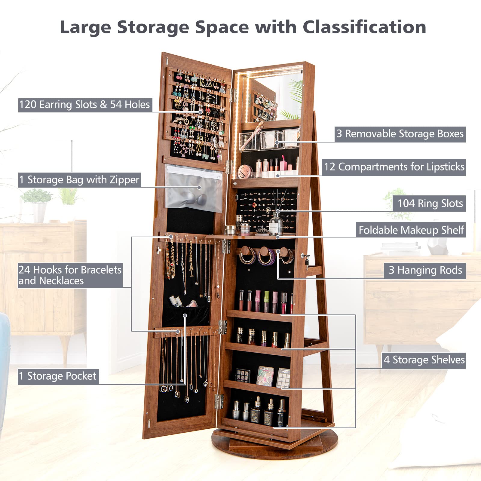 Jewelry Armoire, Walnut - Giantex