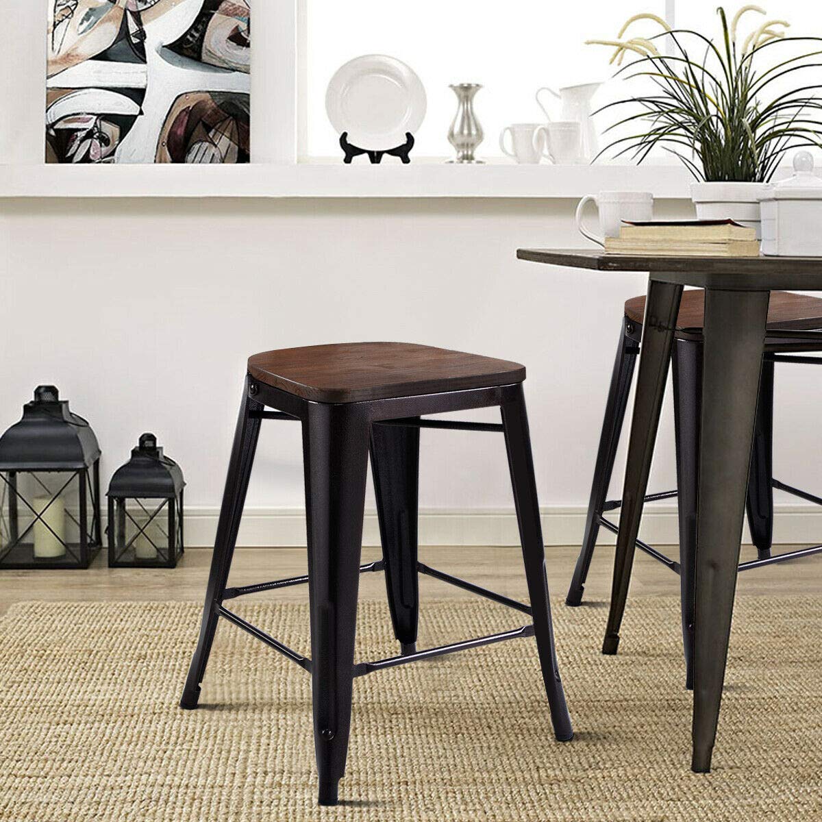 Giantex Tolix Style Dining Stools with Wood Seat and Backrest, Industrial Metal Counter Height Stool