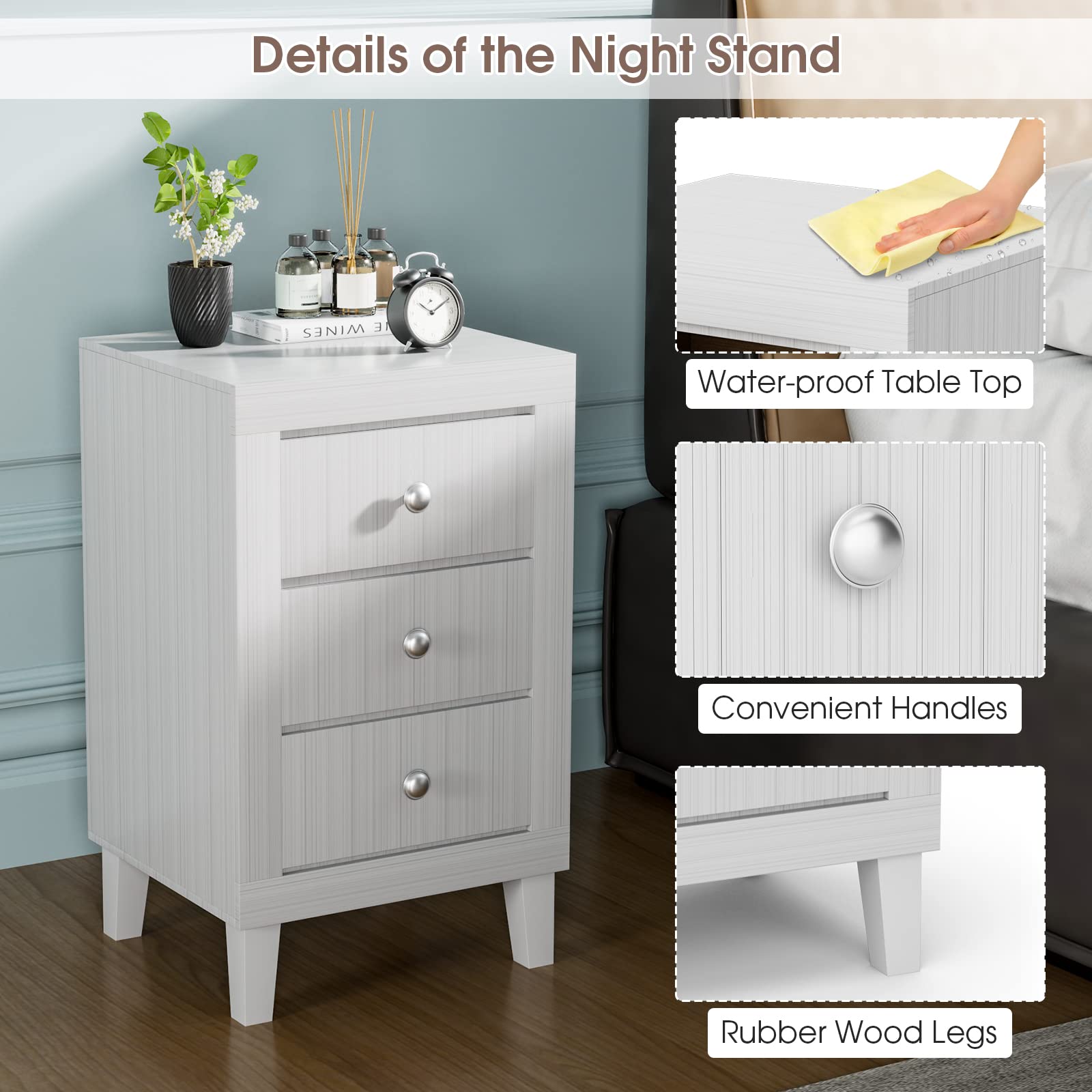 Giantex Nightstand with 3 Drawers, 26.5" Wood End Side Table w/Handles & Rubber Solid Wood Legs