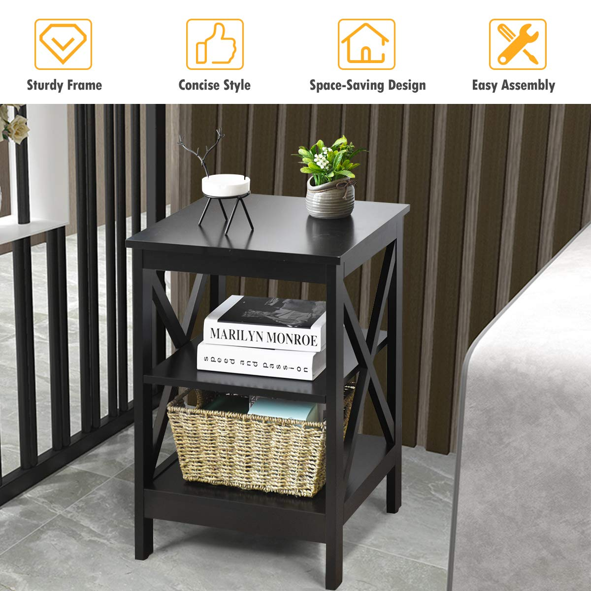 Nightstand 3-Tier X-Design W/Storage Shelves and Stable Structure Storage Organizer Display Sofa Side Table