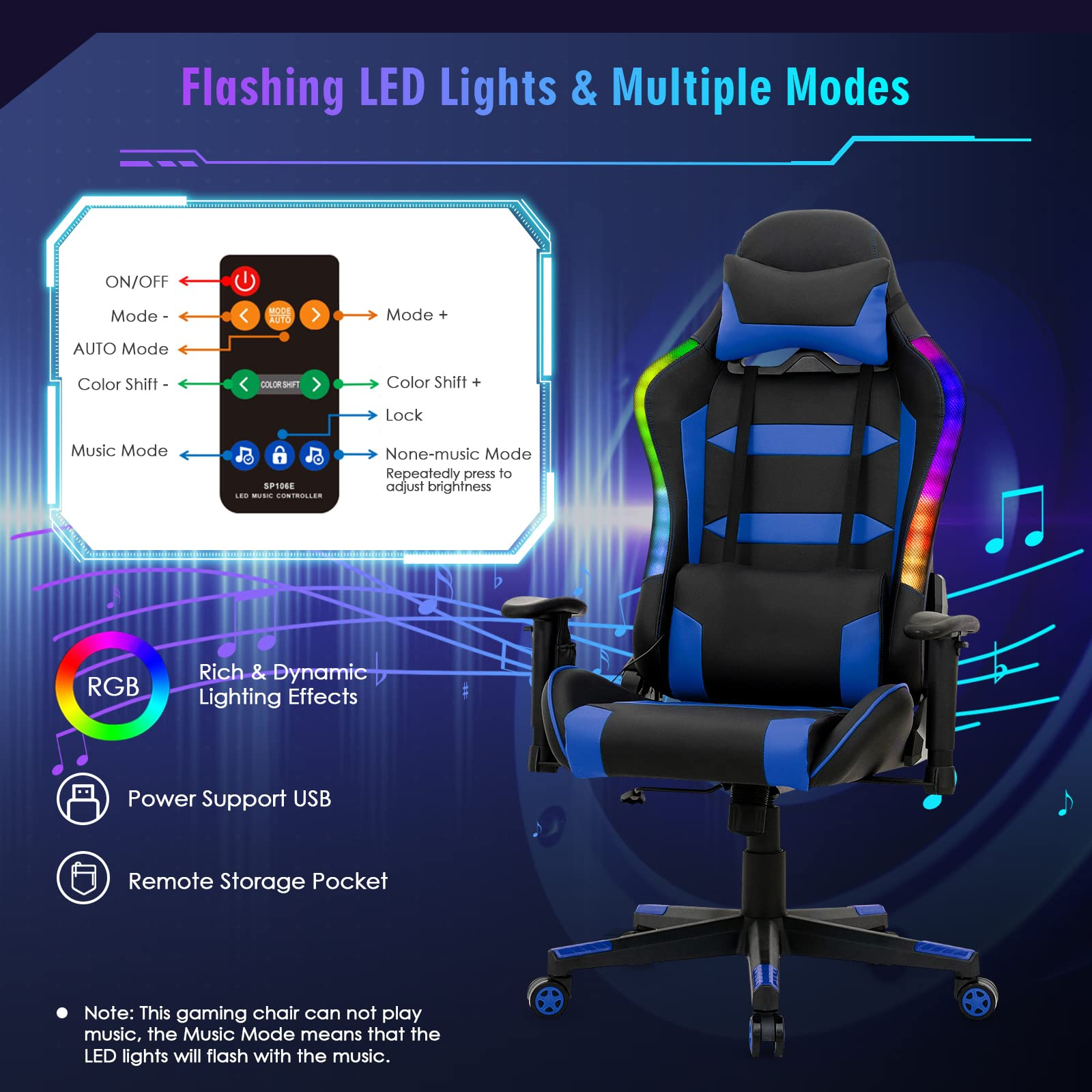 Giantex Gaming Chair with RGB LED Lights, Ergonomic Video Game