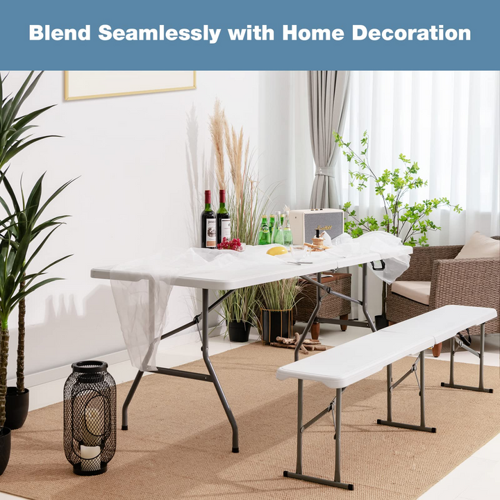 Outdoor Folding Camping Table with 2 Long Benches HDPE Metal Legs BBQ Party Patio Lawn Garden (White)