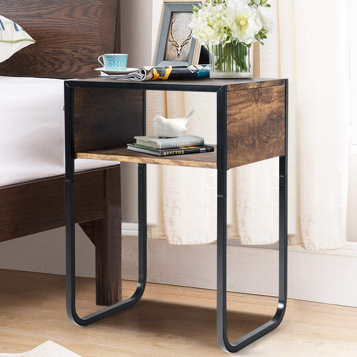 Giantex Side Table Industrial W/Drawer and Metal Frame (2, Rustic Brown)